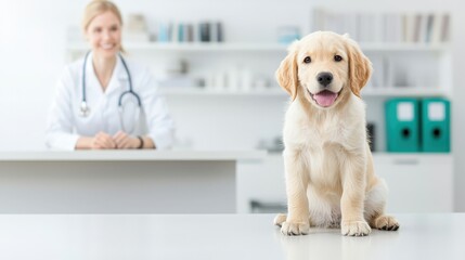 A woman in a white coat is sitting at a desk with a dog in front of her