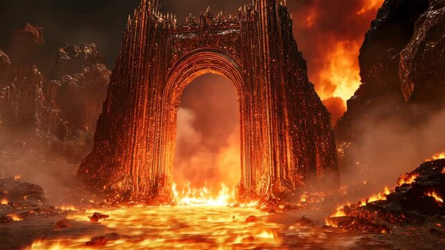 Fiery Hell Gate Surrounded by Lava and Flames
