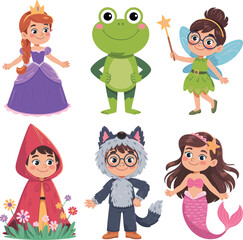 Whimsical Collection of Beloved Fairy Tale Characters, Including Princess, Frog Prince, Fairy, Little Red Riding Hood, Wolf, and Mermaid, Illustrating Fantasy, Childhood.