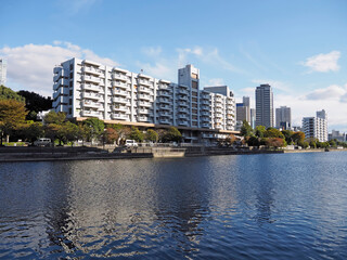 Fototapeta premium 東京の運河沿いの水辺風景。天王洲。