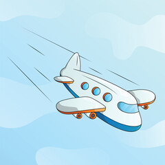 Plane landing with blue sky background. 3D cartoon airplane illustration. Passenger and cargo air transport.