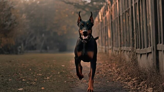 Energetic doberman runs through a park during autumn sunset, enjoying the outdoors and autumn leaves