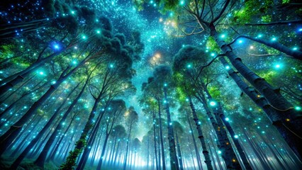 Enchanted Forest at Night Luminescent Trees and a Sparkling Celestial Canopy Above