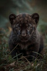 Striking Black Panther Cub in Jungle   Intense Wildlife Close-Up of Rare Predator , wild life photography , wildlife photo ,black panther cub , cute cub , animal photography , 