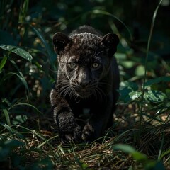 Striking Black Panther Cub in Jungle   Intense Wildlife Close-Up of Rare Predator , wild life photography , wildlife photo ,black panther cub , cute cub , animal photography , photo , image 