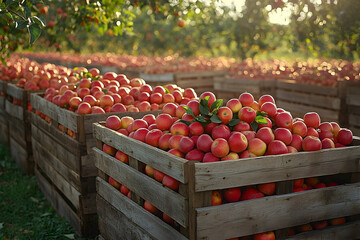 Apples in wooden crates in orchard