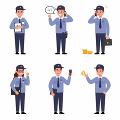 Cartoon Security Guards and Police Officers Character Set