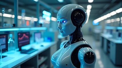 Realistic Humanoid Robot in High-Tech Laboratory with Chrome Finish