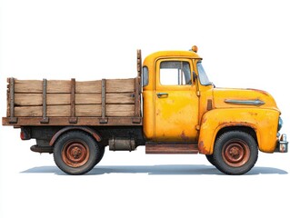 Rustic Yellow Vintage Pickup Truck with Wooden Bed on White Background