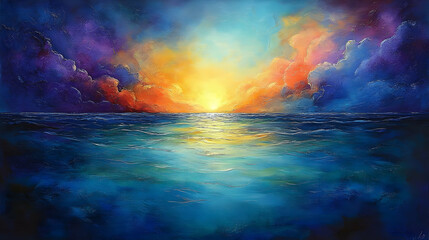 Fototapeta premium Colorful sunset over calm sea painting