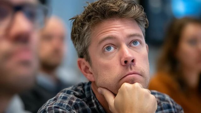 A close-up of a middle-aged Caucasian businessman sitting in a meeting room, displaying a bored and disengaged expression