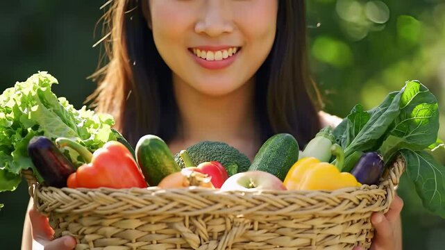woman with toothy smile holding straw basket vith vegetarian fod set.