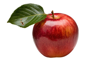 A fresh, shiny red apple with a green leaf attached, sitting on a white background.