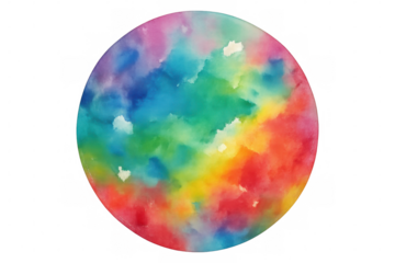 Watercolor circle with vivid rainbow gradient, painting blending soft hues on transparent surface for artistic designs