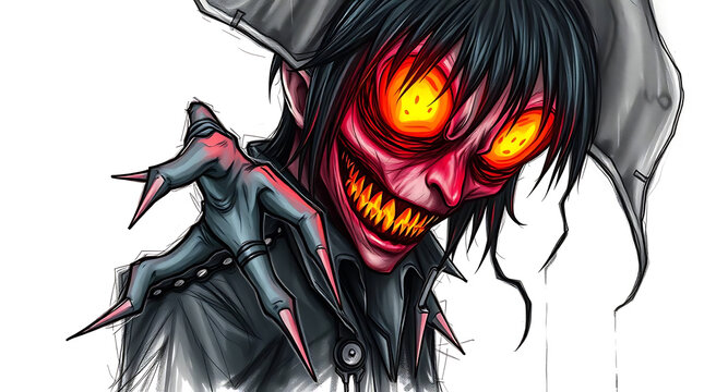 Evil Jester with Glowing Eyes and Sharp Claws Illustration Depicting Fear and Mischief for Halloween