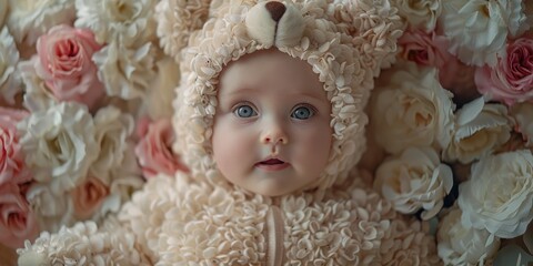Fototapeta premium Floral Teddy Bear Outfit Baby Soft Lighting White Pink Luxurious Fabrics