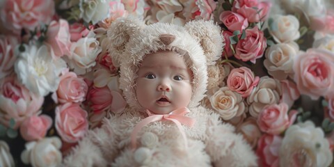 Fototapeta premium Floral Teddy Bear Outfit Baby Soft Lighting White Pink Luxurious Fabrics