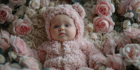 Fototapeta premium Floral Teddy Bear Outfit Baby Soft Lighting White Pink Luxurious Fabrics