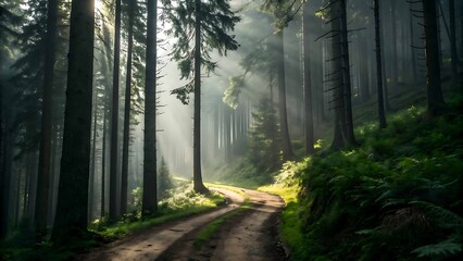 Fototapeta premium Sunbeams through misty forest path