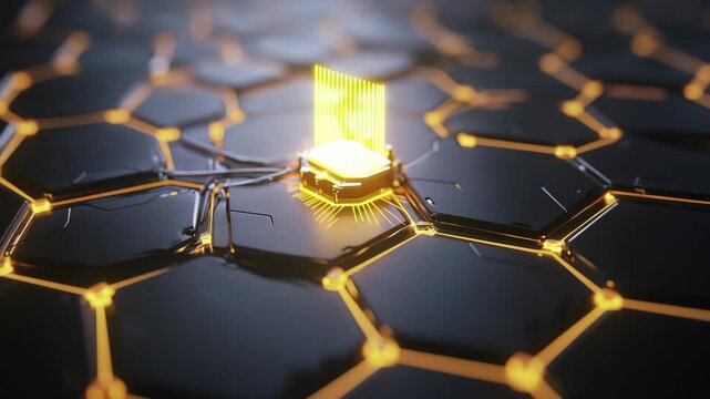 Futuristic microchip and hexagonal circuit board glowing with gold lines on black surface, showcasing advanced digital technology, innovation, and connectivity in modern, high tech environment