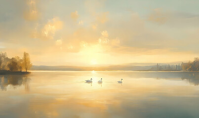 Fototapeta premium Sunrise over calm lake birds