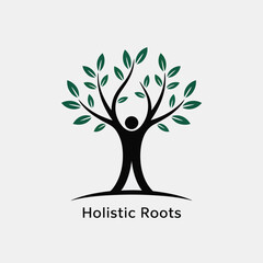 Fototapeta premium Green Leaved Tree Human Silhouette Holistic Roots Logo