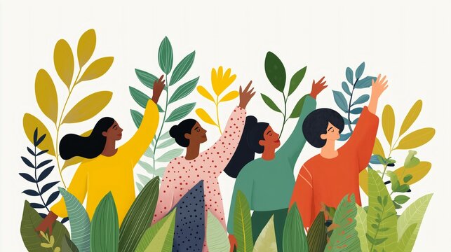 Four women of diverse backgrounds engage with nature, symbolizing support and strength in multicultural mental health. Their hands reach out, celebrating community and connection