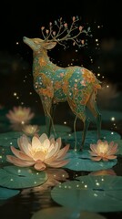 Fototapeta premium Enchanting Floral Deer in Lotus Pond Fantasy Art Digital Painting Mystical Creature
