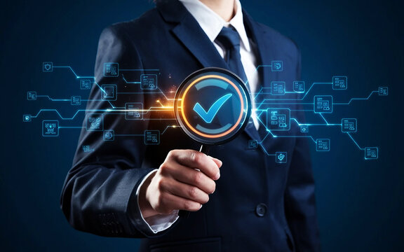 Business Professional Verification Process Magnifying Glass Icon Network Cybersecurity Review