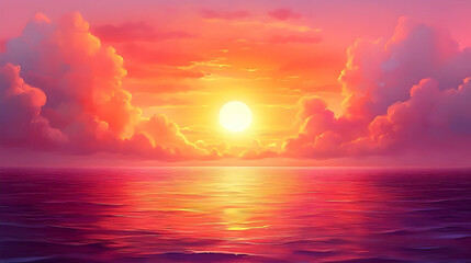 Fototapeta premium Vibrant sunset over calm ocean pink and orange sky peaceful scene