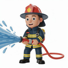 Cartoon Firefighter Spraying Water 3 D Render Red Helmet Blue Uniform