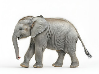 Fototapeta premium A young African elephant in profile view, walking gracefully against a plain white background.