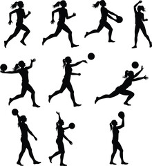 Female volleyball silhouettes, dynamic athlete poses, competitive team sports, black vector artwork, action figure illustration, fitness training concept, outdoor game scene, sport motion design