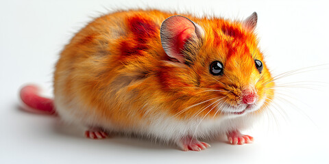 Adorable orange and white hamster with reddish markings, sitting on a white background.