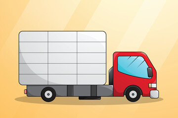 Side view flat truck illustration. Red cartoon truck. Heavy vehicle driving. Lorry van with box cargo logistic transportation service. Commercial freight delivery industrial machinery vehicle.