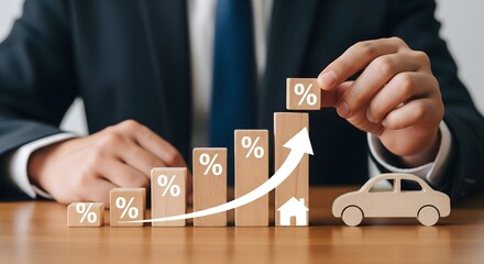 Financial growth and investment concept, showing a stack of percentage blocks alongside house and car miniatures, indicating rising values or interest.