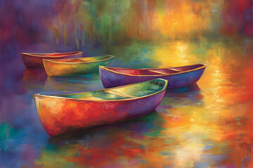 Vibrant canoes at sunset colorful water reflections peaceful nature scene