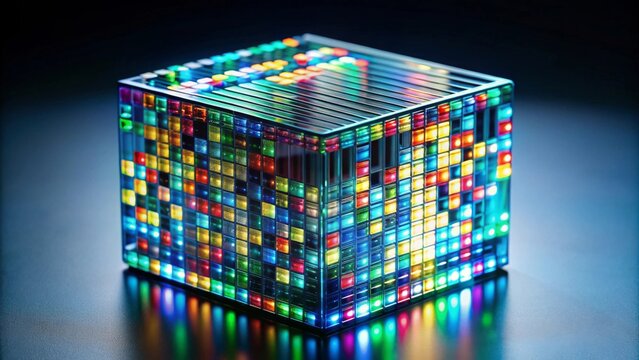 Illuminated Cube A Multifaceted Display of vibrant, multicolored lights in a cubic structure, showcasing technological advancement and artistic design.