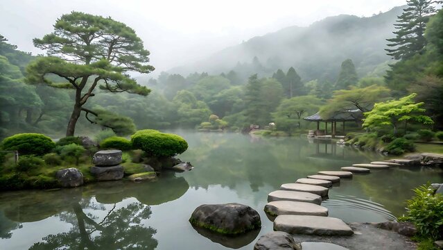Serene japanese garden pond with stepping stones and misty mountains