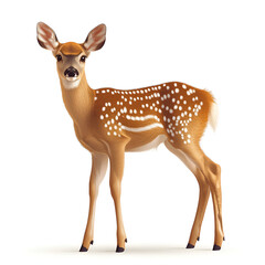 A young fawn, standing alert, against a plain white background.