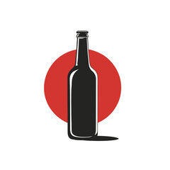 A black bottle is displayed against a red circle art