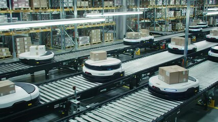 Automated robots sorting packages in a warehouse convey the future of logistics. Robots streamline delivery operations. E-commerce, parcel, packaging, cardboard box, inventory, management, goods. - Powered by Adobe