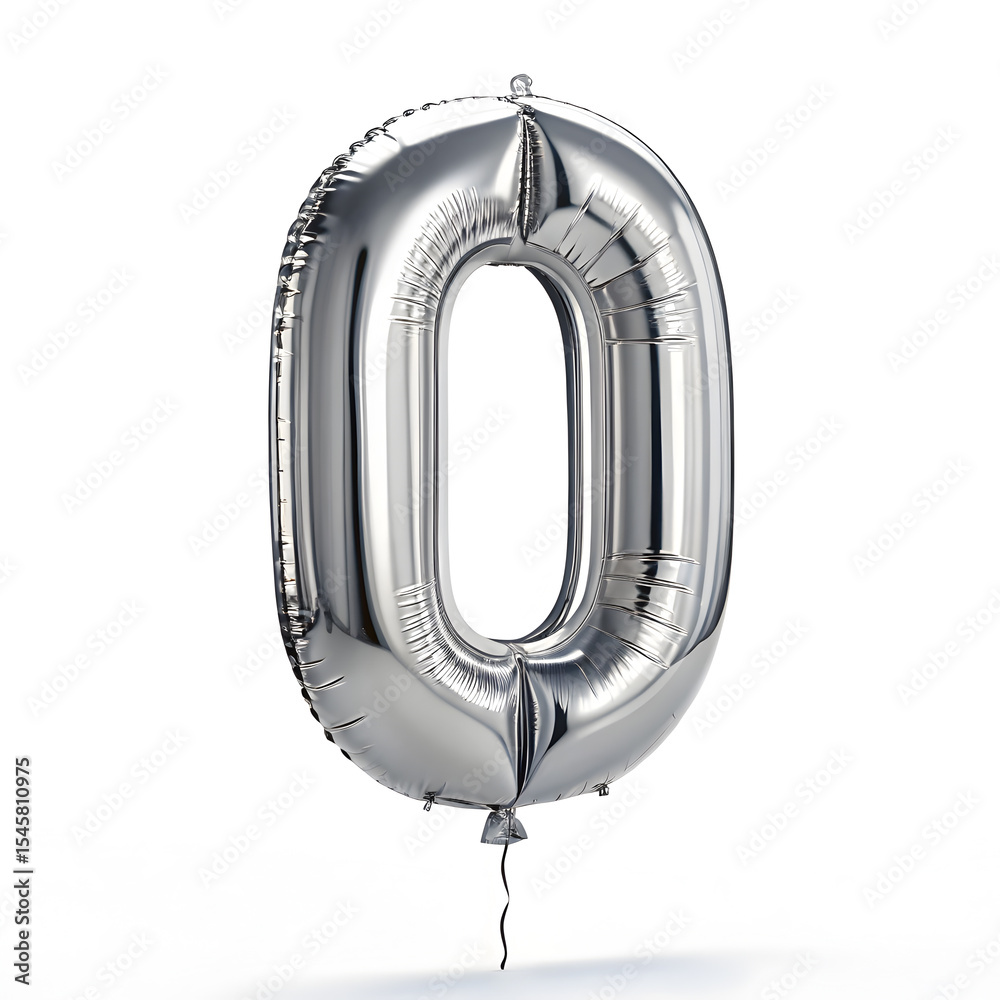 Fototapete a balloon shaped like the number 0, silver metallic finish with realistic reflections and smooth tex