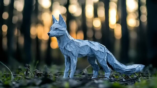 Geometric Fox Sculpture Amidst Forest Sunlight: A Blend of Art and Nature