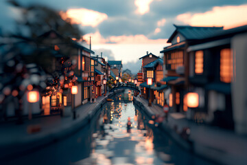 Fototapeta premium 水路のある温泉街と古い街並み（3D）