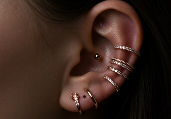 Ear adorned with multiple gold and diamond piercings, helix and lobe jewelry