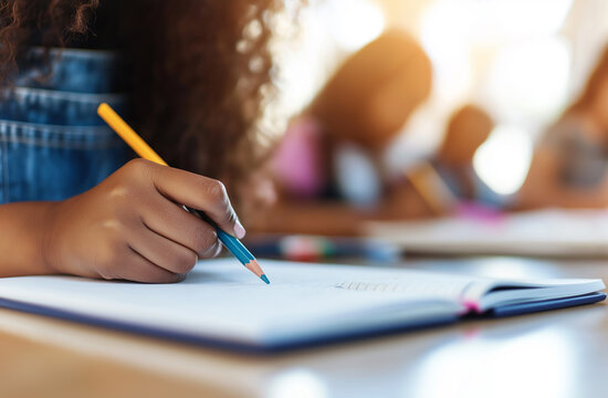 Close-up of an African American girl writing at her desk, holding a pink crayon in her hand, with the focus on the texture and shape of the paper being drawn on a blank page