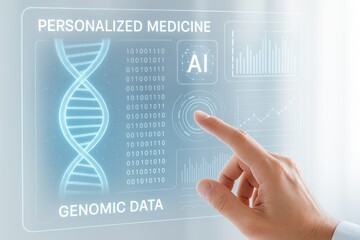 Artificial intelligence powers personalized medicine through genomics. A futuristic interface shows genomic data and AI integration for personalized medicine