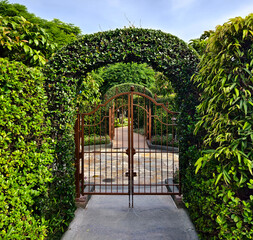 An ornate gate is beautifully surrounded by a lush green hedge