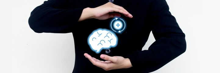 Brain recovery and mental health presentation with hand holding brain icon and healing symbol. Ideal for therapy, psychology, wellness, emotional care, and mental support campaign visuals.